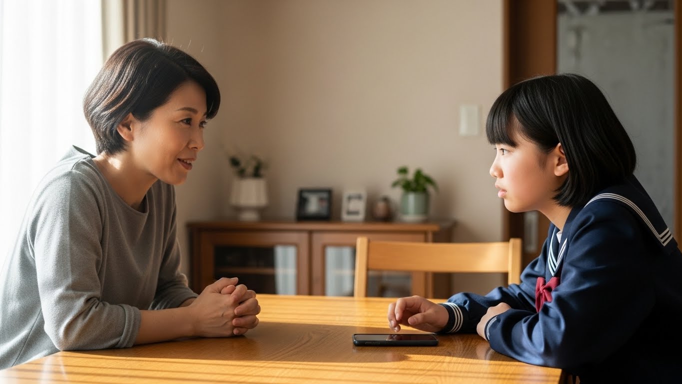 スマホデビューのルールづくりについて、母親と中学生の娘が家庭で向き合って話している場面