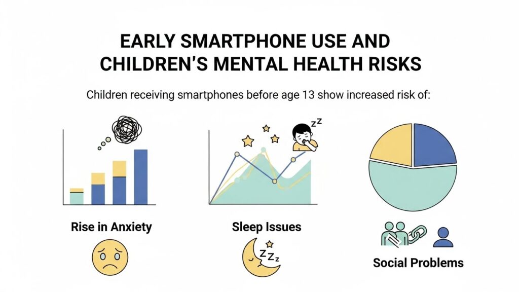13歳未満でのスマホ利用がメンタルヘルスリスクを高めることを示すシンプルなインフォグラフィック