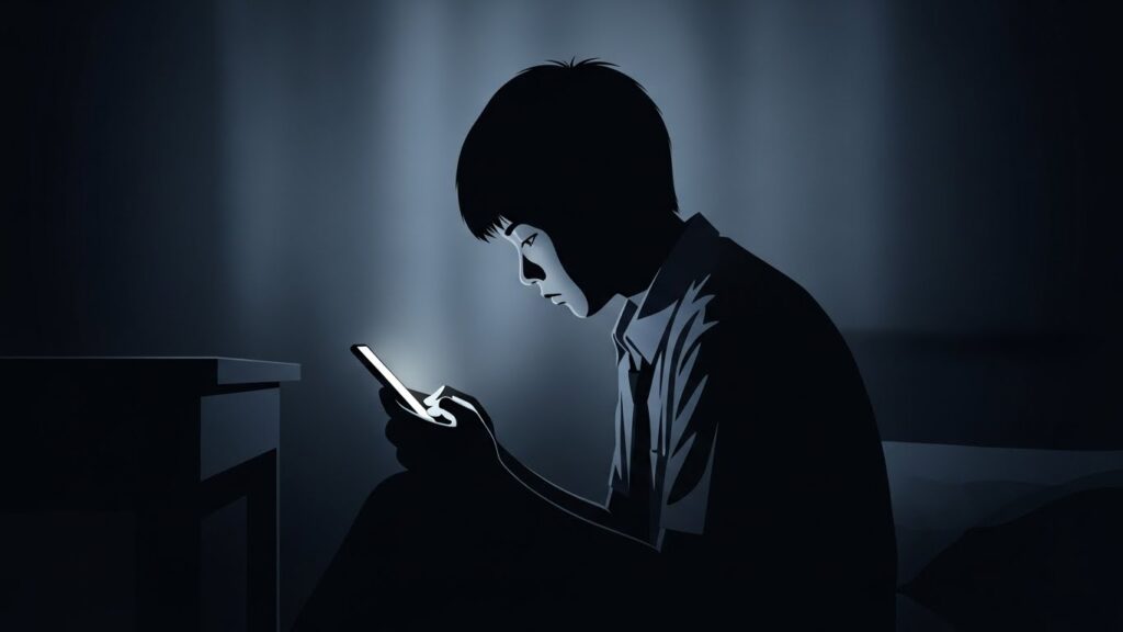 暗い部屋で一人スマホを見つめる中学生のシルエット。親が気づきにくいオンライン上のリスクを象徴する画像