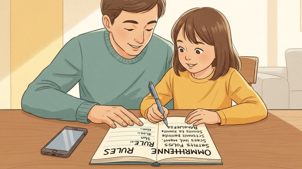 親子がテーブルでスマホのルールを書きながら話し合っている温かい雰囲気のイラスト