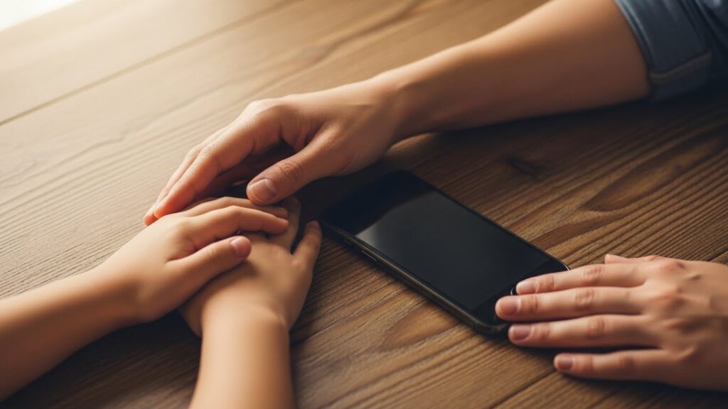 テーブルの上で、スマホを挟んで向き合う親子の手元を写した象徴的な写真