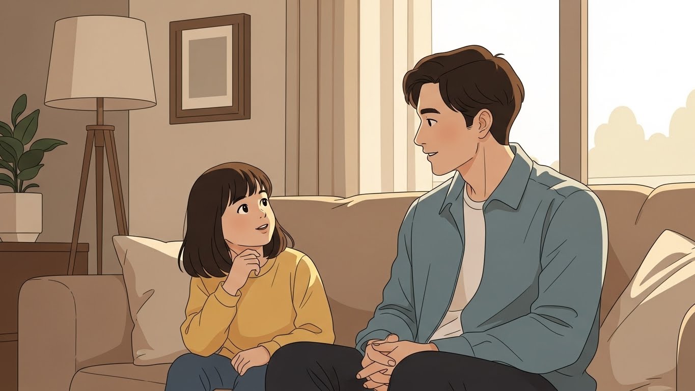 子どもの自己肯定感と学力を育てる家庭内の会話設計を表した親子の会話イメージ