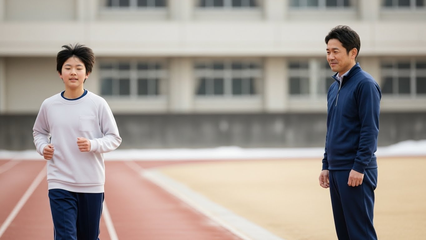 冬の校庭で自分のペースで走る日本人中学生と、その姿を静かに見守る教師。結果ではなく努力の過程を認める関わりを表している。