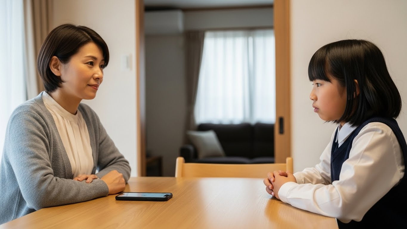 スマホのルール違反後に、親子で向き合い自分の考えを言葉にする日本人家庭の様子