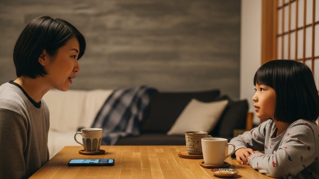 親が子どもに思いを伝え、子どもが静かに耳を傾ける日本人家庭の対話の場面