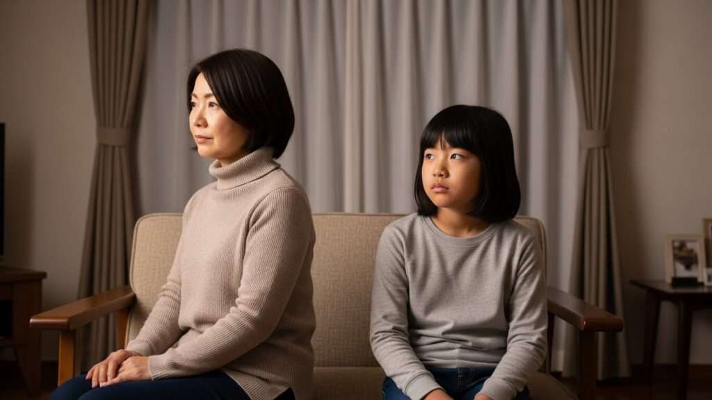 クールダウン後に親子で落ち着いて向き合う日本人家庭の様子