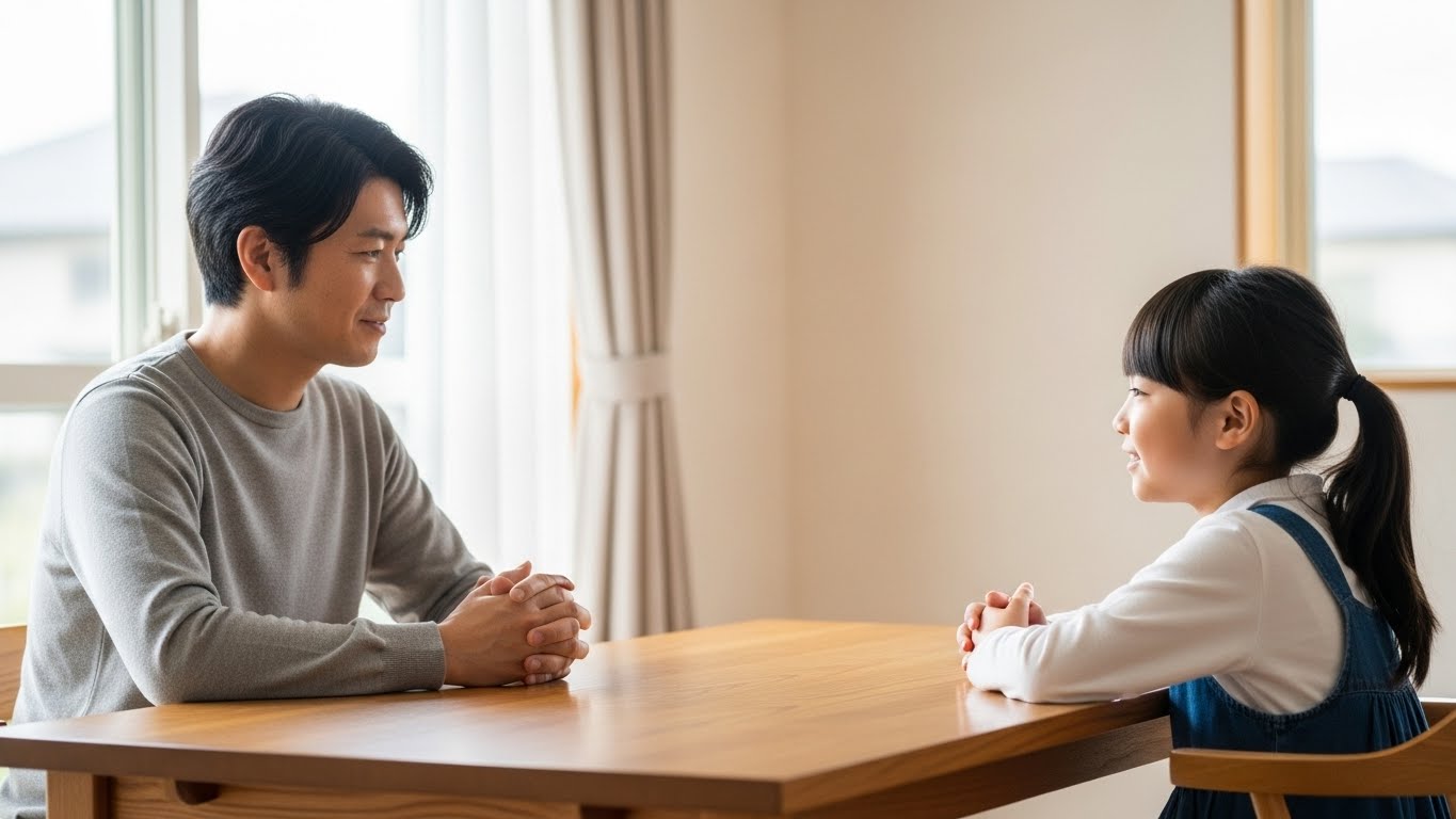 子どもの話を落ち着いて聴く大人の様子