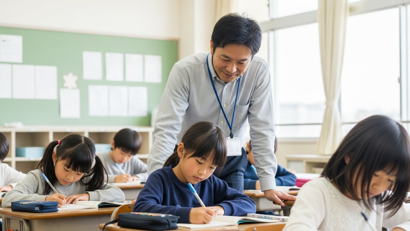 評価や点数ではなく、子どもの学びを静かに見守る教師と小学生の様子