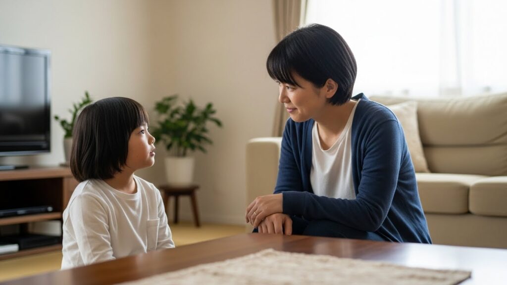子どもの話を評価せずに静かに聞く親子の様子