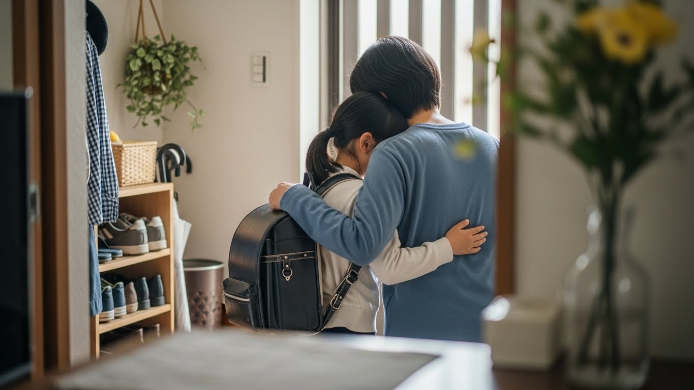 親が子どもをやさしく抱きしめて見送る朝の親子の様子