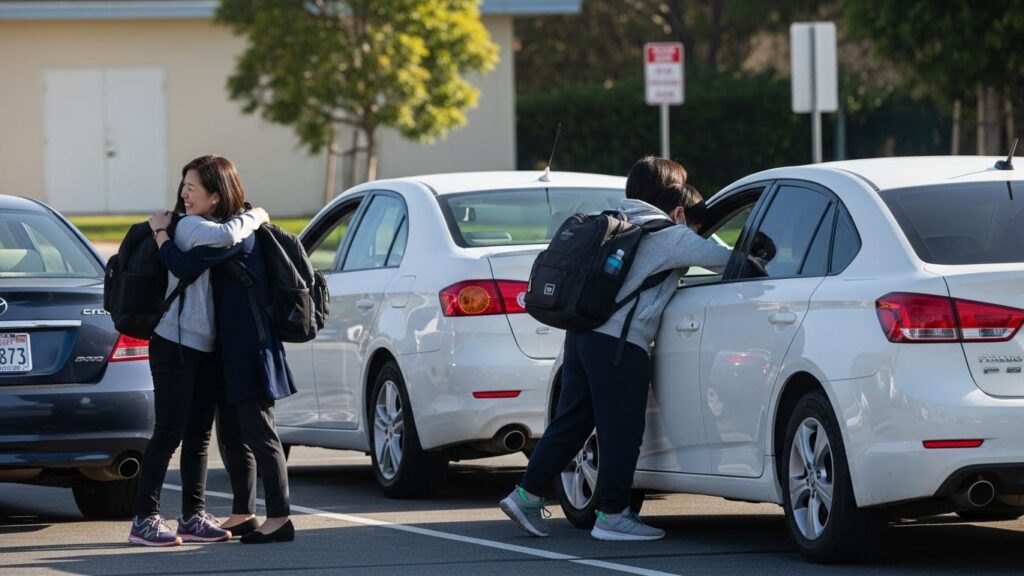 学校の前で親子がハグをして別れる朝の様子