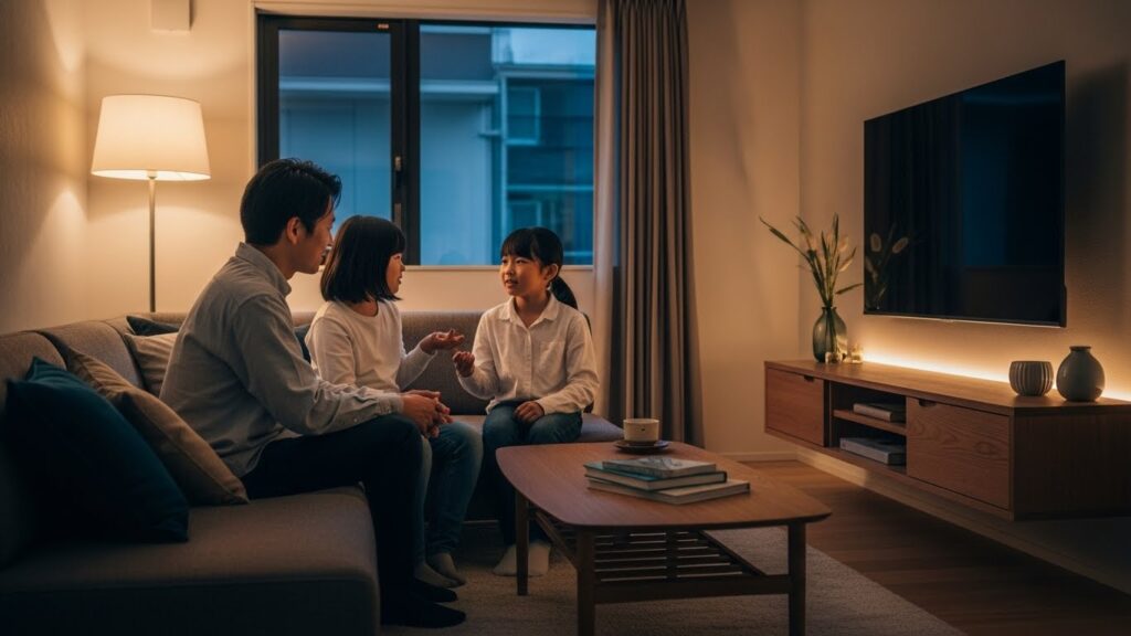 家庭で親子が穏やかに会話している様子